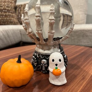 Ghost Holding Pumpkin, Polymer Clay Figurine, Halloween, Decoration, Pumpkin, Ghostie, Spooky, Cute Ghost, Spooky Season, Pocket Ghost