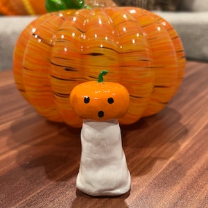 Ghost With Pumpkin Head, Polymer Clay Figurine, Halloween, Decoration, Pumpkin, Ghostie, Spooky, Cute Ghost, Spooky Season, Pocket Ghost
