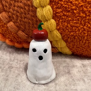 Ghost Holding Pumpkin on Head, Polymer Clay Figurine, Halloween, Decoration, Pumpkin, Ghostie, Spooky, Cute Ghost, Pocket Ghost, Ghostie