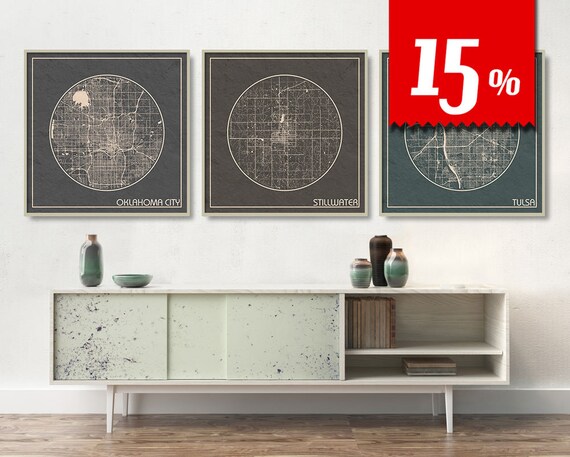 3 Square Maps Of Oklahoma With 15 Discount Largest Cities Etsy