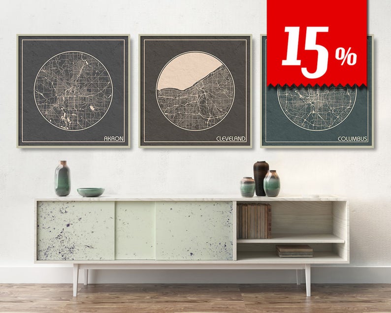 3 Square Maps Of Ohio With 15 Discount Largest Cities Akron Etsy
