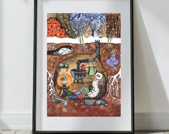 Magical Woodland Owl Print: Vintage Cosy Art, Signed A3/A4/A5