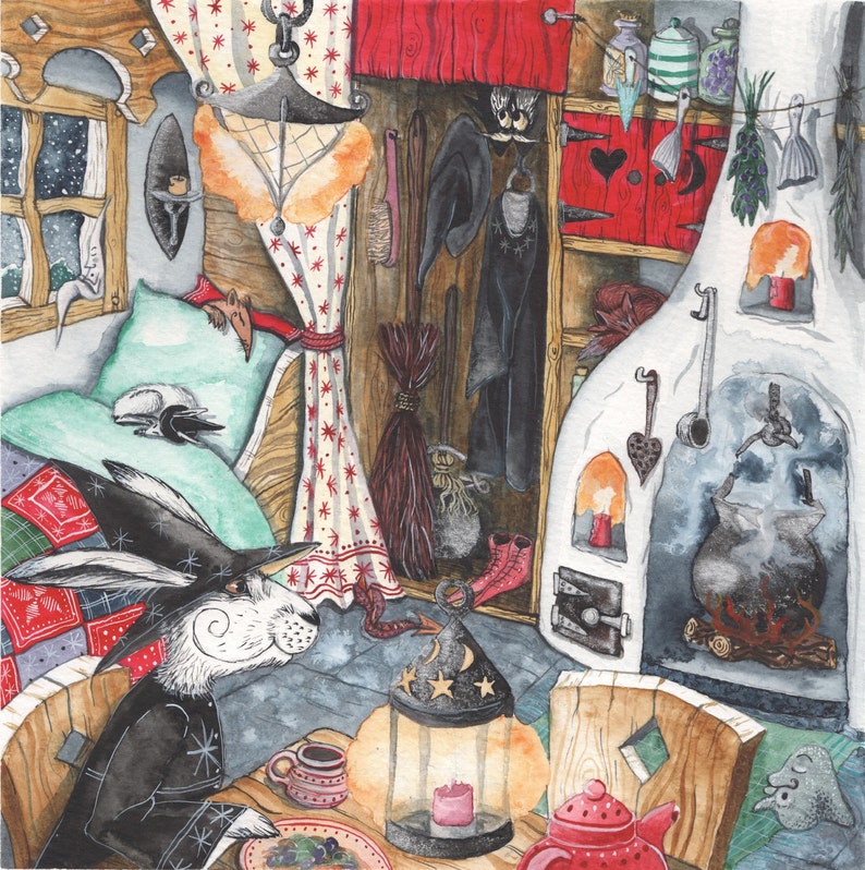 28cm square Nordic whimsical style cottage At Home With Ursula Archival Print from /'Upon a Tzorkly Moon/' Valentine cosy hygge hare