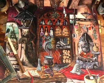 The Potionary -  tarot, oracle, rune, altar or table cloth. - by Jacqui Lovesey, Matlock the Hare - witchy gift valentines