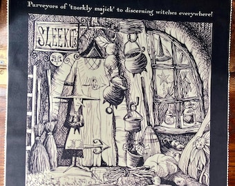 May include: A square black and white fabric print featuring a detailed ink-style illustration of a witch shop interior. The text reads Purveyors of 'tzorkly majick' to discerning witches everywhere! and Est: One dark night, many moon-turns ago!