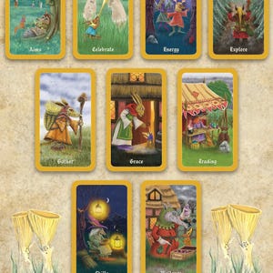 May include: A set of ten illustrated cards with a yellow border, featuring whimsical scenes and characters. The cards are labeled with words like "Aims," "Celebrate," and "Skills." The text at the bottom reads "10 cards. The outside world with its joys, complications and challenges."