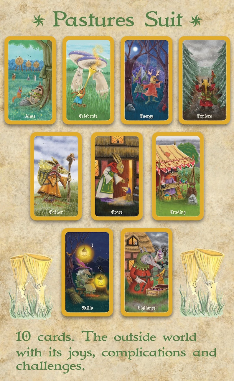May include: A set of ten illustrated cards with a yellow border, featuring whimsical scenes and characters. The cards are labeled with words like "Aims," "Celebrate," and "Skills." The text at the bottom reads "10 cards. The outside world with its joys, complications and challenges."