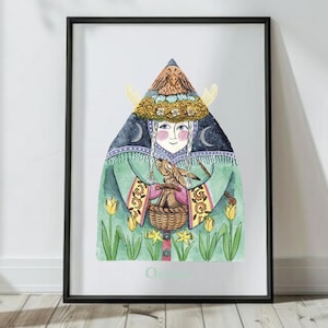 Impresión artística firmada de Ostara, tamaño A4/5, ilustración de Jacqui Lovesey. Día de la Madre.