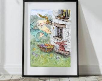 Cottagecore Washday Art Print: Matlock the Hare Illustration
