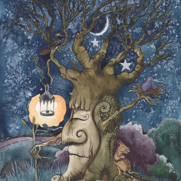 Guardian of Wand Woods - A3 signed Archival Print  by Jacqui Lovesey - Upon a Tzorkly Moon - Magical Tree Art