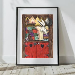 Edredón de patchwork Cosy Cottage, impresión firmada en tamaño A3/4/5, Dream, del oráculo Arboridium, arte para el dormitorio, habitación infantil mágica, lindo conejo blanco