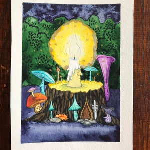 Sorpréndete - ilustración original en acuarela de Jacqui Lovesey del oráculo Los secretos del bosque de varitas - vela mágica, fantasía caprichosa