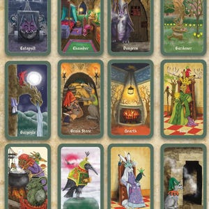 May include: A set of 20 illustrated cards titled "Castle Suit". Each card features a unique fantasy scene with characters like an Advisor, Alchemist, and Queen. The cards are framed in green and depict scenes from Yorwood Castle.