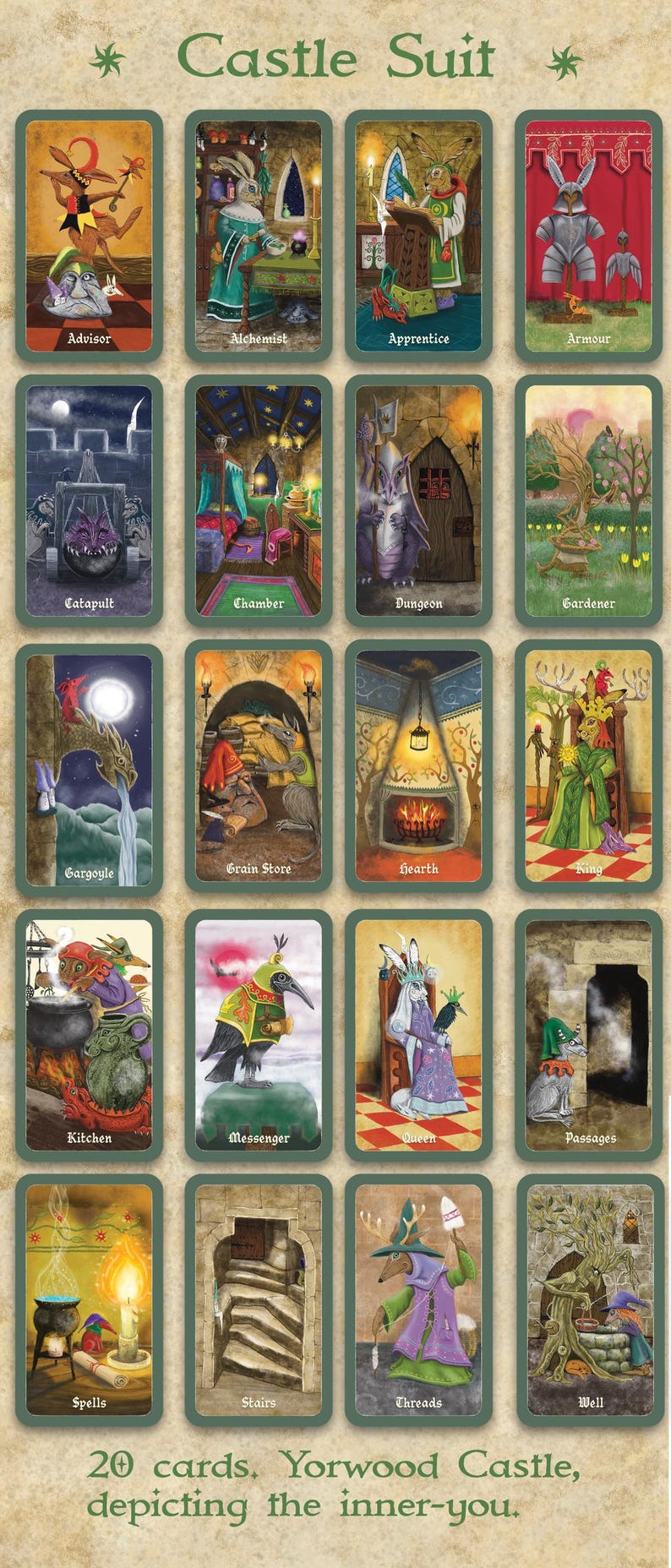 May include: A set of 20 illustrated cards titled "Castle Suit". Each card features a unique fantasy scene with characters like an Advisor, Alchemist, and Queen. The cards are framed in green and depict scenes from Yorwood Castle.