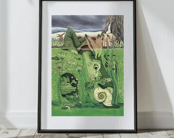 Signed Hare Art Print: Country Stream Illustration - A4/A5
