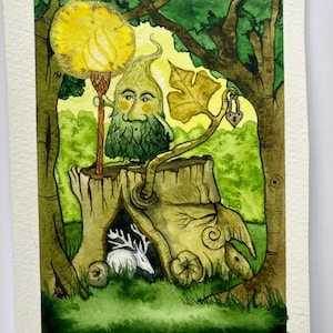 The Oldest Leaf - originale Aquarell-Illustration von Jacqui Lovesey aus Die Geheimnisse des Zauberstabs Holzorakel