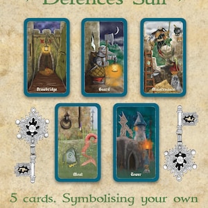 May include: A set of fantasy-themed cards with a teal border, featuring illustrations of a drawbridge, guard, maintenance, moat, and tower. Two decorative keys are also shown. The text reads "Defences Suit" and "5 cards. Symbolising your own personal protective safeguards."
