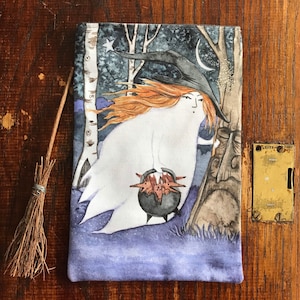 Baguette en bois d'oracle en coton POCHETTE/sac. illustration par Jacqui Lovesey - cadeau de sorcellerie, sac pour cartes de tarot, pochette à bijoux.
