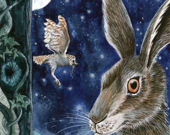 Hare and Owl, A3/4/5 signed art Print - Magical landscape, Matlock the Hare, illustration