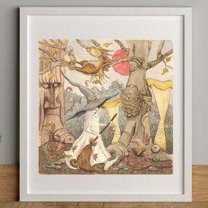 May include: A framed watercolour illustration of a fantastical forest scene. A white figure in a witch's hat and cloak sweeps with a broom. A brown creature perches in a tree, and a red sun shines. The artwork features autumn leaves and mushroom details.