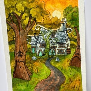 Sommer in der Majick Cottage Original-Aquarell-Illustration von Jacqui Lovesey vom The Majick Cottage Orakel, Cottagecore, Fantasy