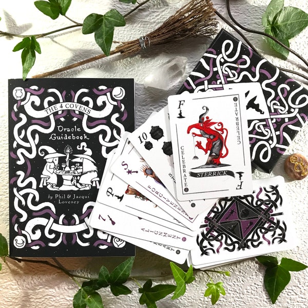 Jeu de cartes à jouer et Oracle avec livre - « The 4 Covens » - Cadeau de vacances insolite, poésie, divination, tarot de type Matlock le lièvre, cadeau de sorcellerie