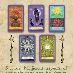 May include: A set of five tarot cards with purple borders, featuring illustrations of a dragon, crows, a sunflower, a wheel, and a rose. The text reads "Treasures Suit" and "5 cards. Majickal aspects of yourself that can be drawn on in times of need."