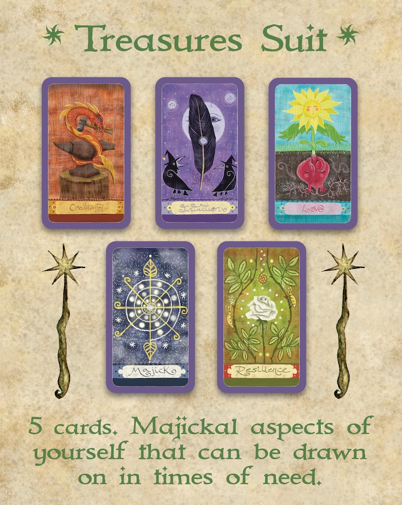 May include: A set of five tarot cards with purple borders, featuring illustrations of a dragon, crows, a sunflower, a wheel, and a rose. The text reads "Treasures Suit" and "5 cards. Majickal aspects of yourself that can be drawn on in times of need."