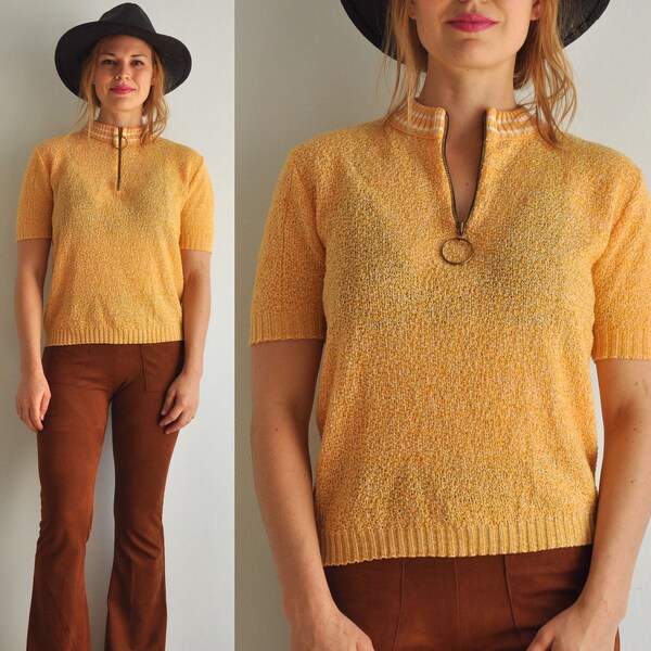 Vintage 90s O Ring 1/4 Zip Blouse // Short Sleeve Sweater Top // 1990s Retro Mock Neck 80s // Montgomery Ward Exclusive