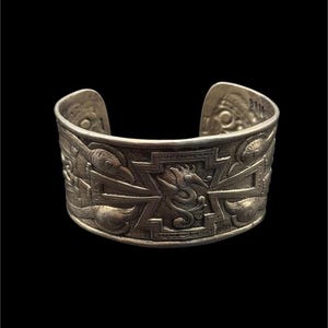 Vintage Mexican Sterling Silver Aztec Repoussé Cuff Bracelet | Mid-Century 1940s-1950s | Handcrafted Eagle & Mythical Motif | 48.2g