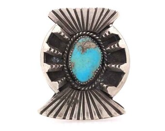 Vintage Navajo ART TAFOYA Rare Tufa Cast Sterling Silver Turquoise Ring - Size 6.5