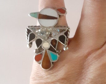 ZUNI Inlay Thunderbird Sterling Silver Ring with Hand-Crafted Coral, Turquoise, and Abalone - Size 6.5