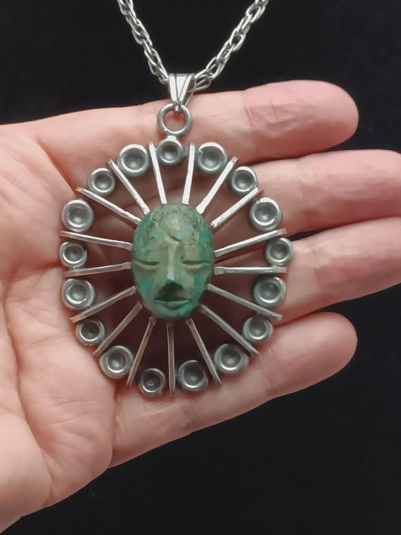 Genuine Vintage Los Ballesteros, Talleres de los Ballesteros, Taxco, Mexico, Sterling Silver Sunburst Mask Pendant