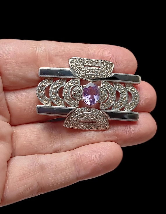 Sterling Silver Marcasite Onyx Amethyst Brooch
