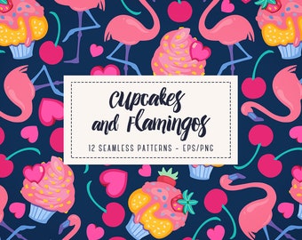 Cupcakes & Flamingos Patterns - Summer Pattern, Rockabilly Paper, Digital File, Cupcakes, Vector Pattern, 50's Pattern, Instant Download