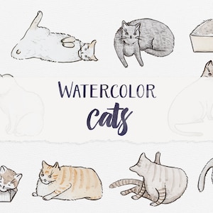 Watercolor Cats Digital Clipart, Printable Clipart, Instant Download, Seamless Pattern, Watercolor Pattern, Watercolor Clip Art image 1