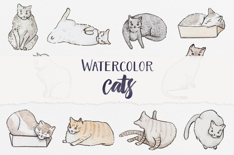 Watercolor Cats Digital Clipart, Printable Clipart, Instant Download, Seamless Pattern, Watercolor Pattern, Watercolor Clip Art image 1