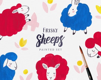 Frisky Sheeps Clipart Set - Sheep Clip Art, Digital File, Animal Clipart, Kids Decor Cute Animal, Seamless Pattern, Instant Download