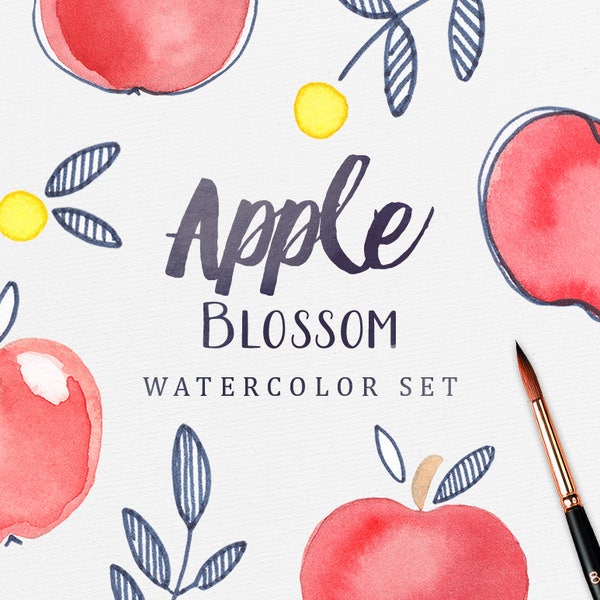 Apple Blossom Watercolor Set - Apple Clip Art, Digital File, Fruit Clipart, Scrapbook Paper, Cute Fruit, Seamless Pattern, Instant Download,