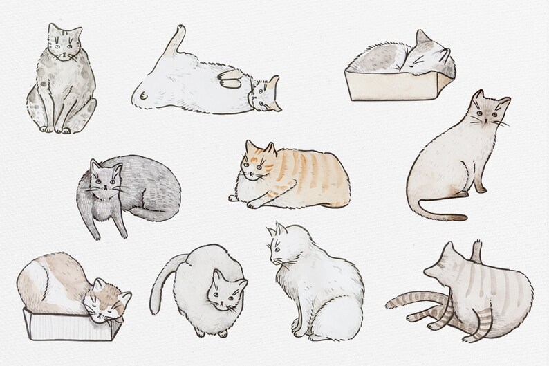 Watercolor Cats Digital Clipart, Printable Clipart, Instant Download, Seamless Pattern, Watercolor Pattern, Watercolor Clip Art image 2