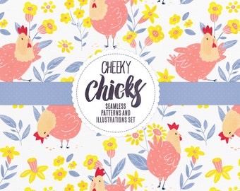 Cheeky Chicks Clipart Set - Chicken Clip Art, Digital File, Animal Clipart, Kids Decor, Cute Animal, Seamless Pattern, Instant Download