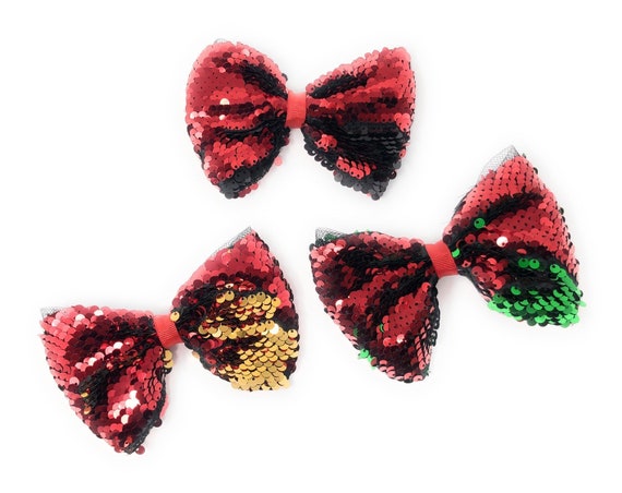 Reversible Sequin Mermaid Bow Hair Clips Red Sequins Hair Bow