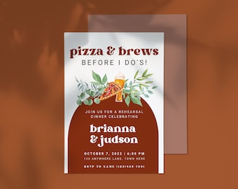 Pizza and Brews Rehearsal Dinner Invitation: Boho Brewery Wedding (Digital File)