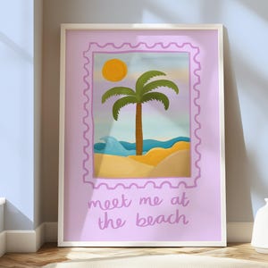 Treff mich am Strand Kunstdruck | Tropische Strandlandschaft Wandkunst | Bunter Sommer Dekor | Entspannender Strand Stempel