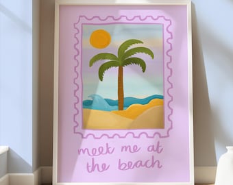 Tropical Beach Art Print: Palm Tree Stamp, Summer Decor