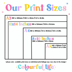 May include: A chart showing different print sizes for artwork. The sizes are listed in inches, centimeters, and millimeters. The chart includes A3, 11x14 inches, A4, 8x10 inches, and A5 sizes.