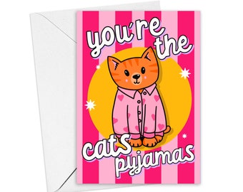 Tarjeta de felicitación "Pijama de Gato": Regalo de Amistad, Pijama Rosa (A6)