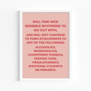 Bridget Jones Diary | Quote Print | Home Decor | Will Find Nice Sensible Boyfriend | Motivational Wall Art | Bedroom Pink | Gift for Her