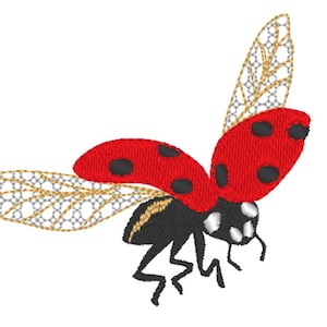 May include: A red ladybug with black spots and gold wings is flying. The ladybug has a black head and white spots on its body.