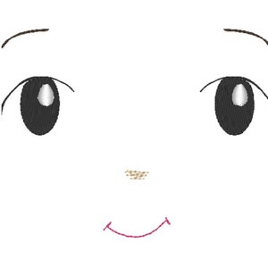Può includere: Un viso di cartone animato semplice con occhi neri, sopracciglia marroni, un piccolo naso marrone e una bocca sorridente rosa.